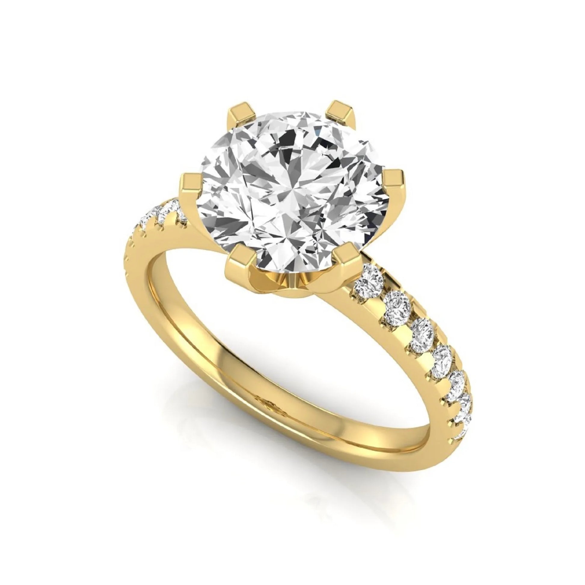Round cut lab grown diamond solitaire engagement ring featuring a six-prong setting with a pavé diamond band in yellow gold tone.