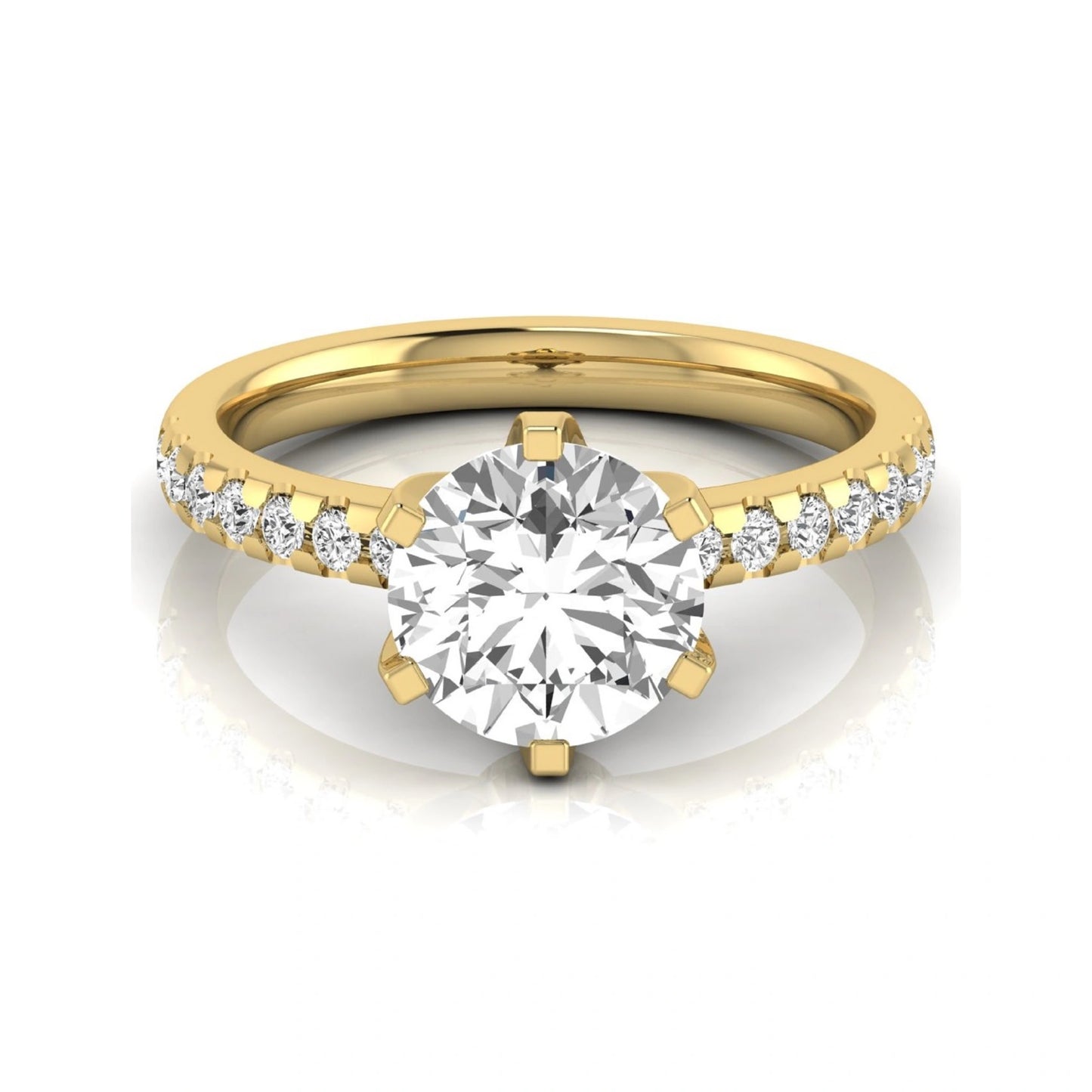 Round cut lab grown diamond solitaire engagement ring featuring a six-prong setting with a pavé diamond band in yellow gold tone.