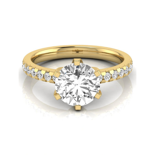 Round cut lab grown diamond solitaire engagement ring featuring a six-prong setting with a pavé diamond band in yellow gold tone.