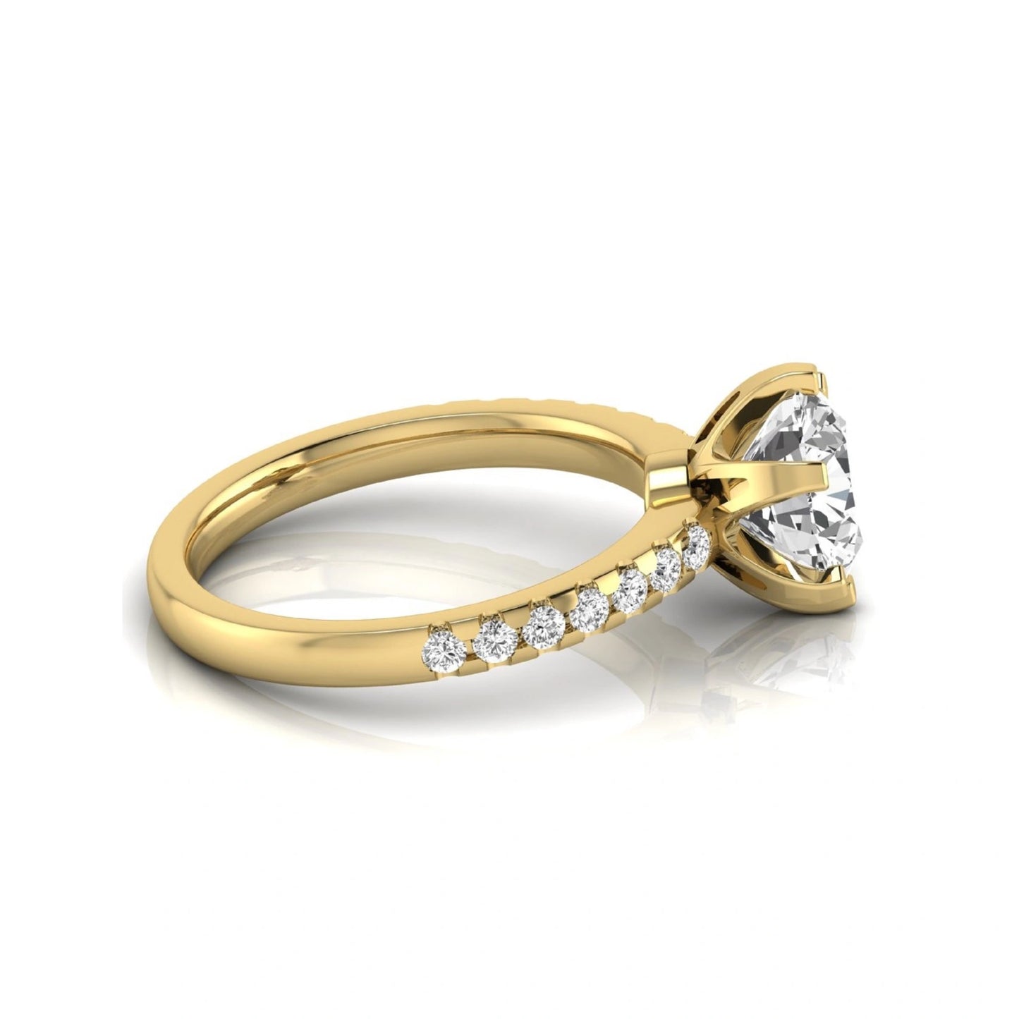 Round cut lab grown diamond solitaire engagement ring featuring a six-prong setting with a pavé diamond band in yellow gold tone.