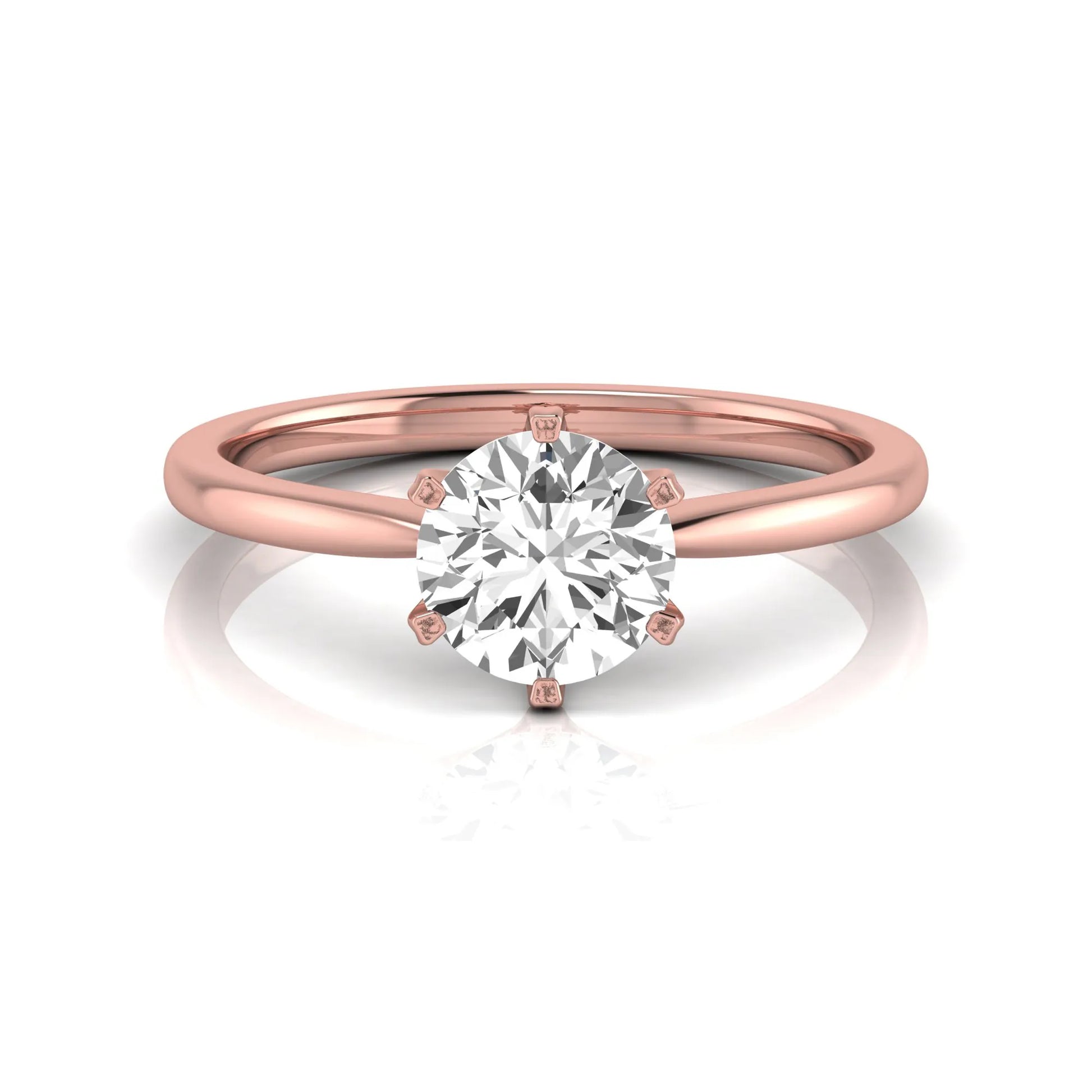 Round six prong set lab grown diamond solitaire engagement ring featuring a 1.28 carat round center diamond in a classic six-prong setting in rose gold