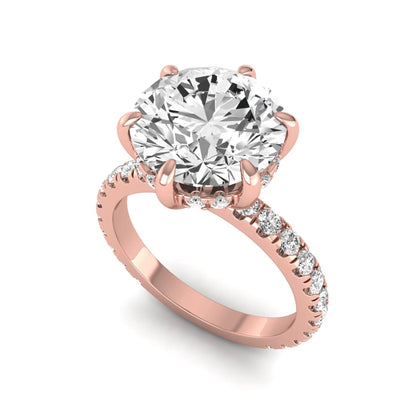 Round cut six prong solitaire lab grown diamond engagement ring with pavé band in rose gold design