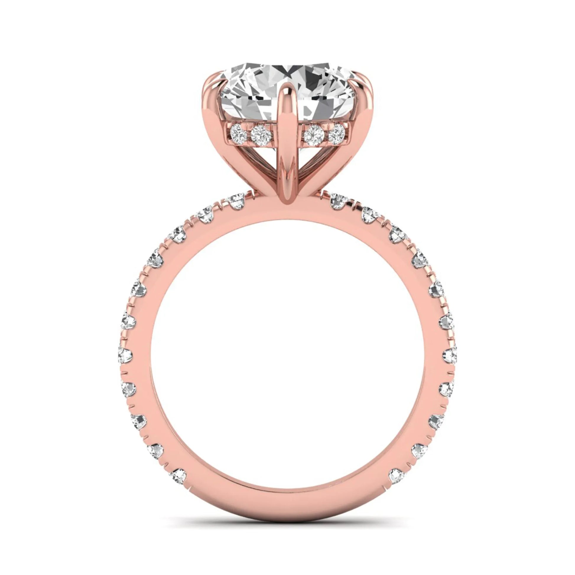 Round cut six prong solitaire lab grown diamond engagement ring with pavé band in rose gold design
