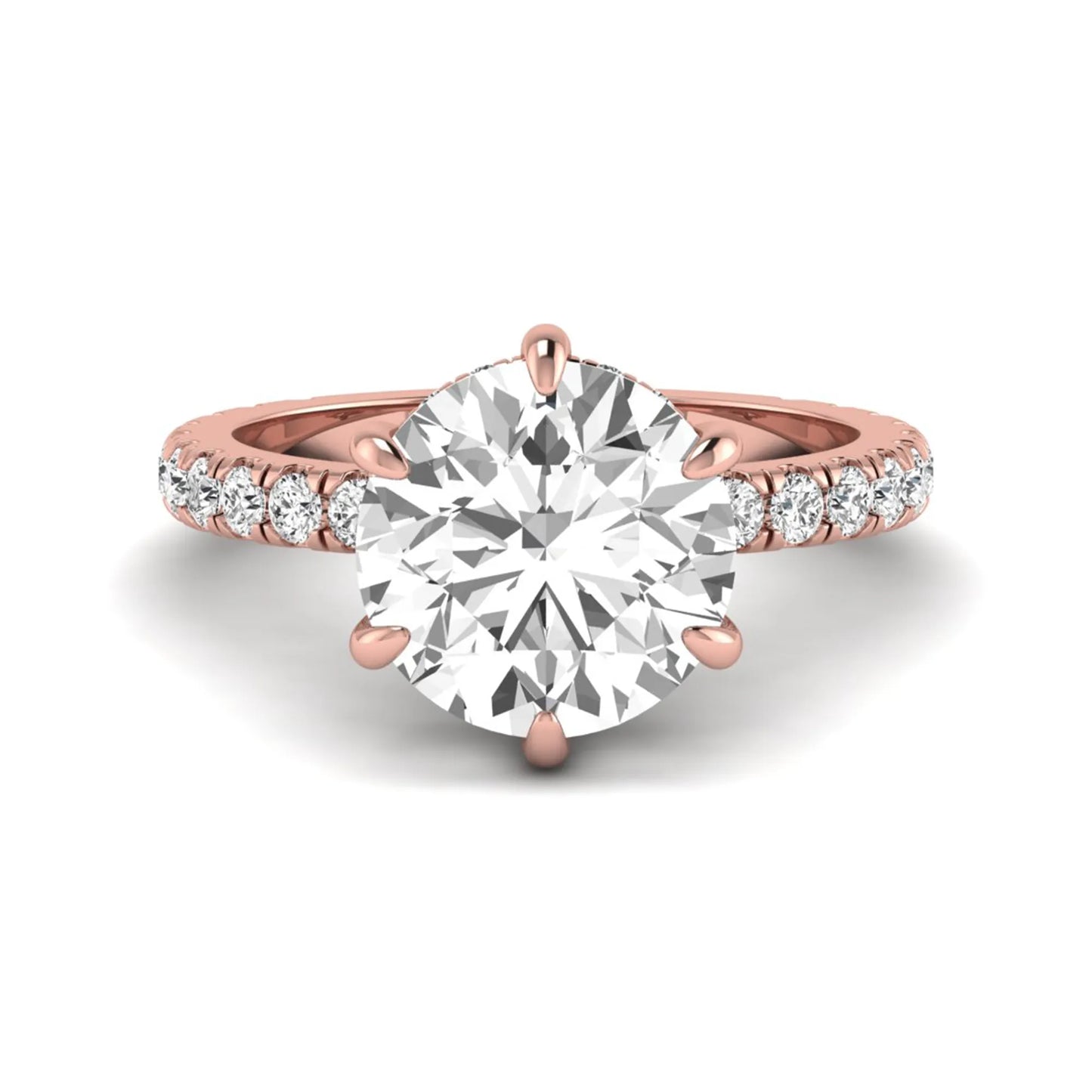 Round cut six prong solitaire lab grown diamond engagement ring with pavé band in rose gold design
