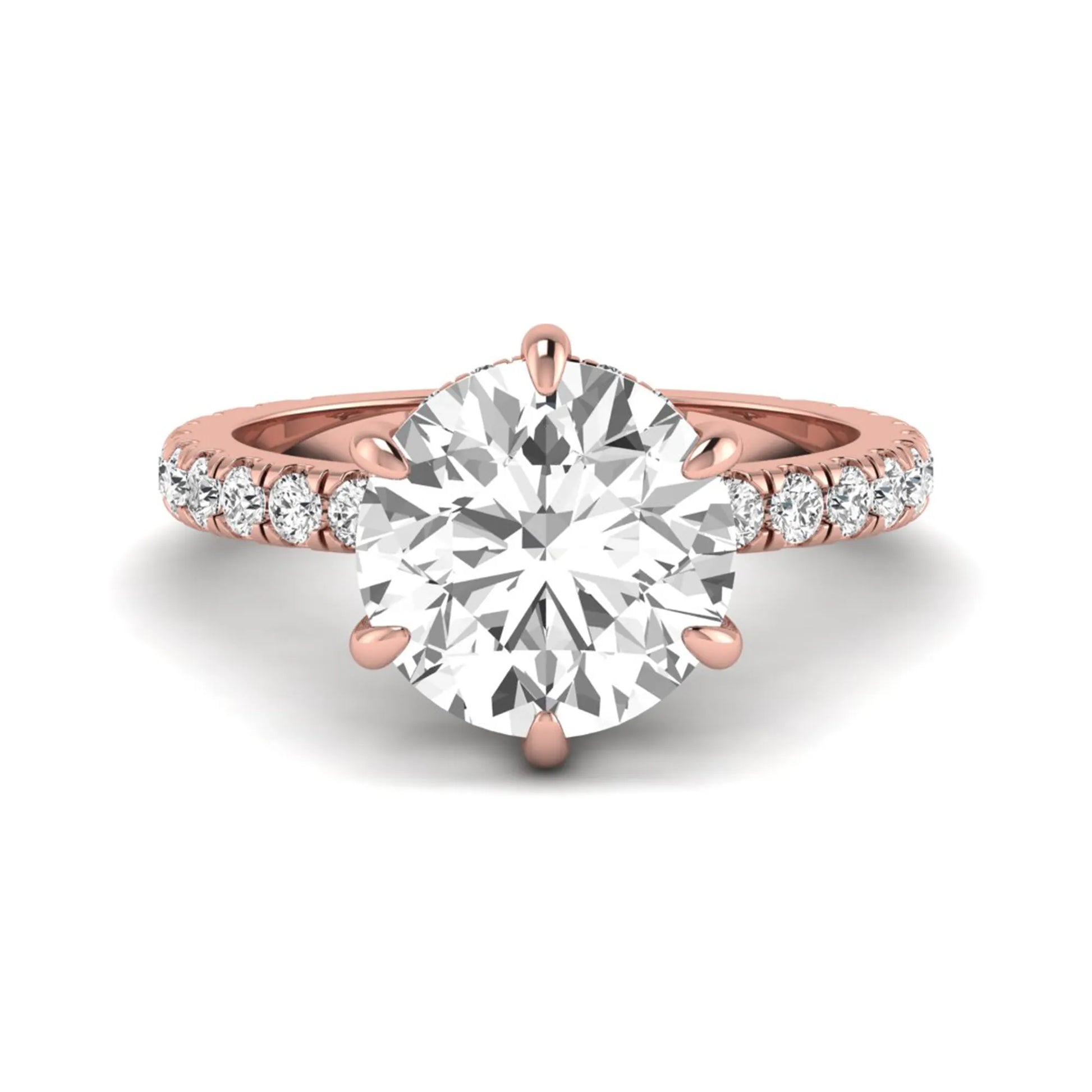 Round cut six prong solitaire lab grown diamond engagement ring with pavé band in rose gold design