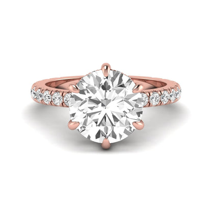 Round cut six prong solitaire lab grown diamond engagement ring with pavé band in rose gold design