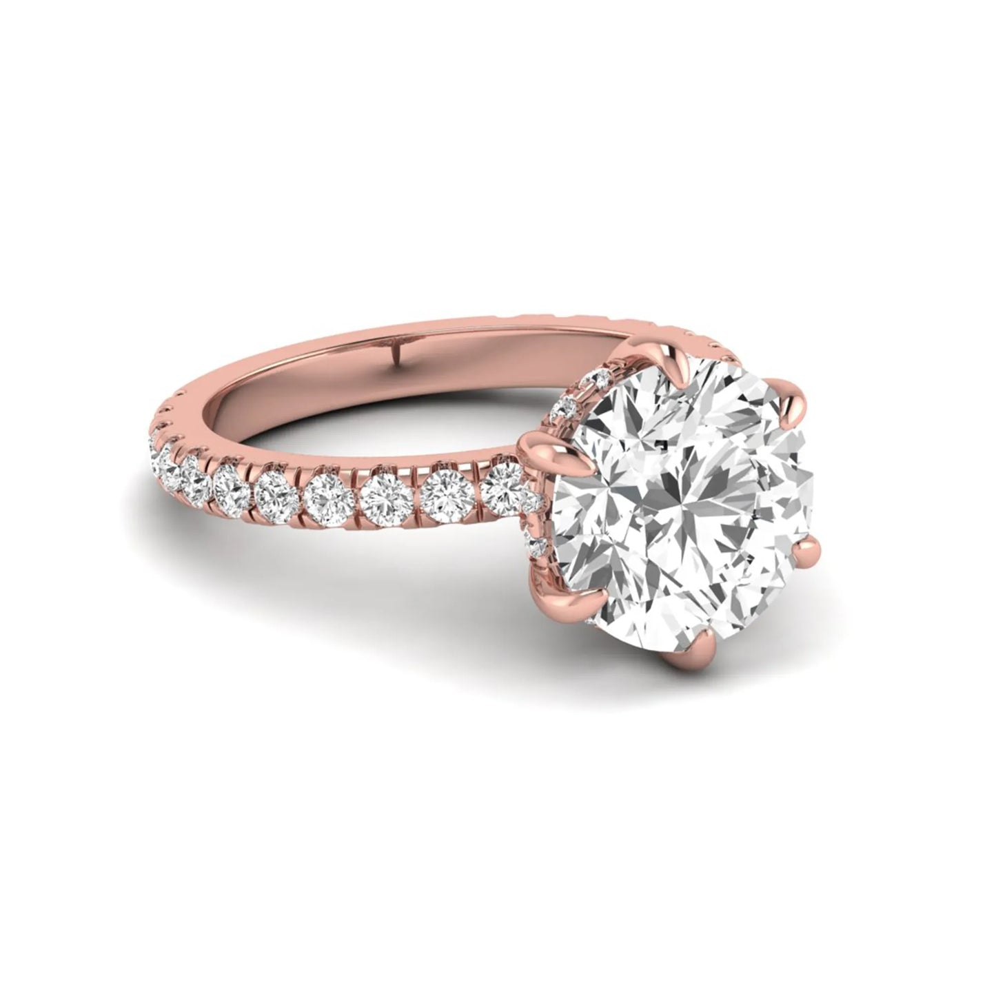 Round cut six prong solitaire lab grown diamond engagement ring with pavé band in rose gold design