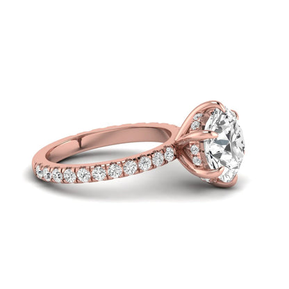 Round cut six prong solitaire lab grown diamond engagement ring with pavé band in rose gold design
