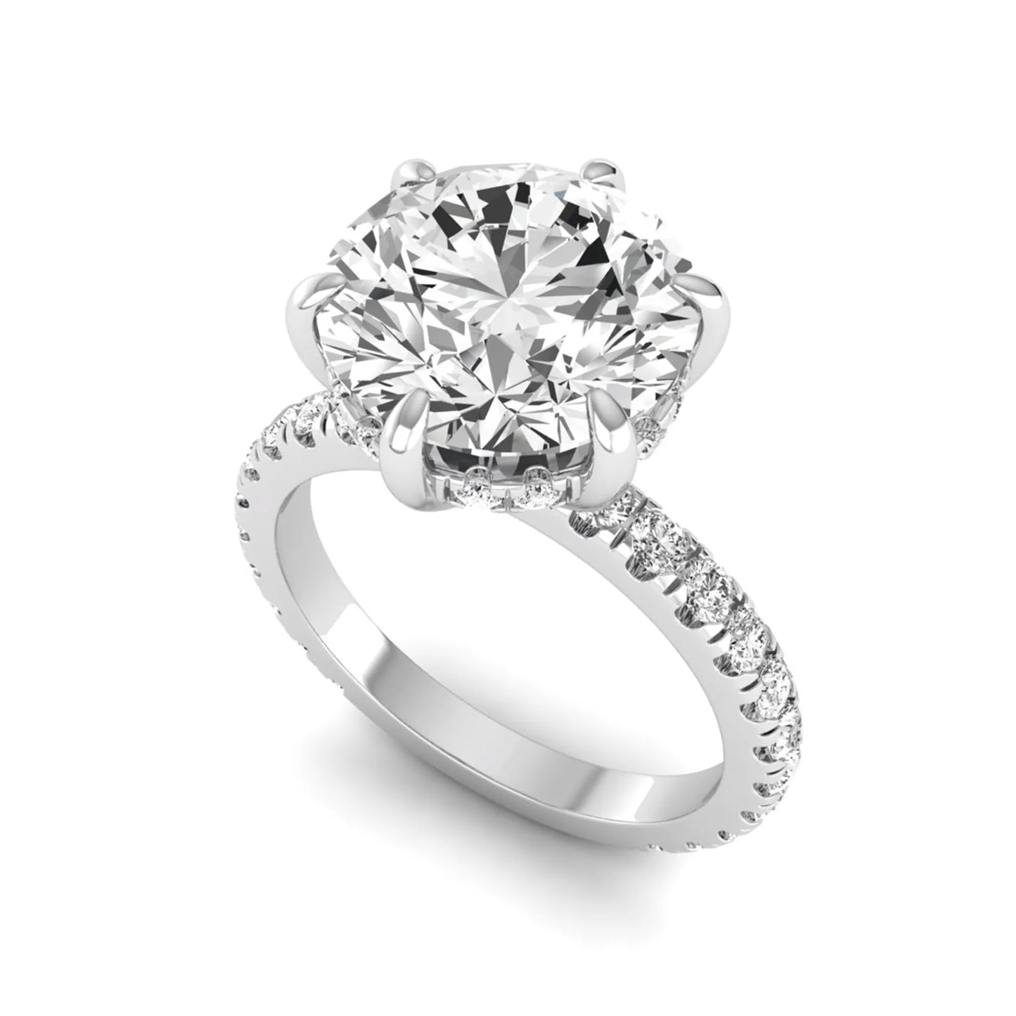 Round cut six prong solitaire lab grown diamond engagement ring with pavé band in white gold design