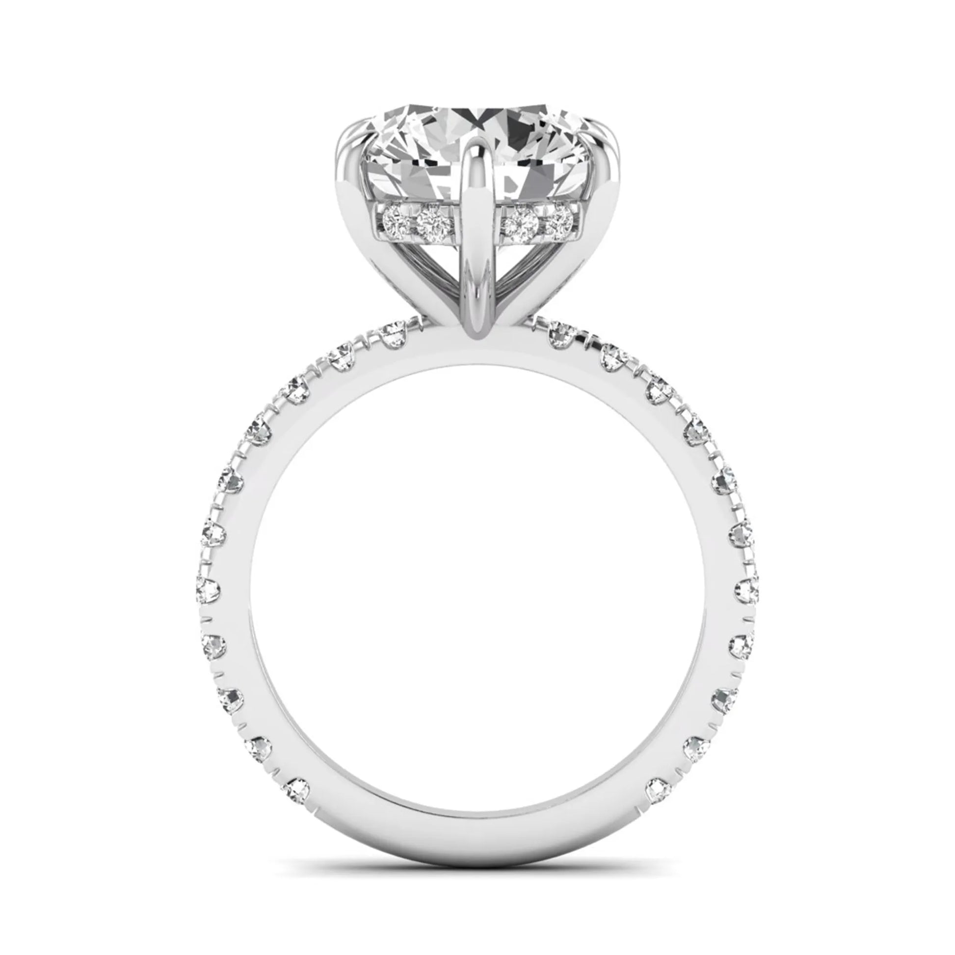 Round cut six prong solitaire lab grown diamond engagement ring with pavé band in white gold design
