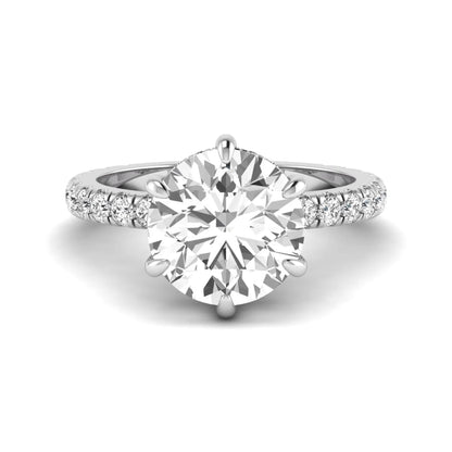 Round cut six prong solitaire lab grown diamond engagement ring with pavé band in white gold design