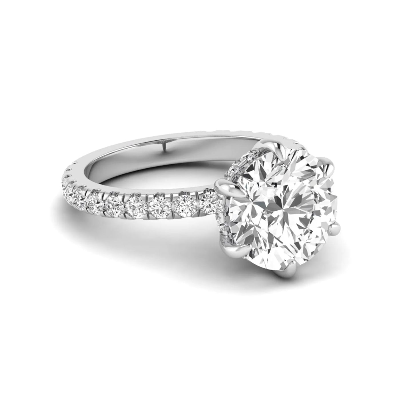 Round cut six prong solitaire lab grown diamond engagement ring with pavé band in white gold design