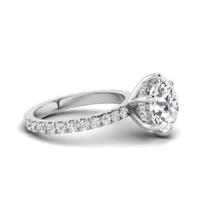 Round cut six prong solitaire lab grown diamond engagement ring with pavé band in white gold design