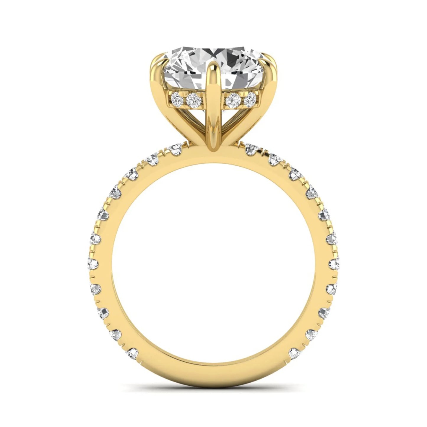 Round cut six prong solitaire lab grown diamond engagement ring with pavé band in yellow gold design