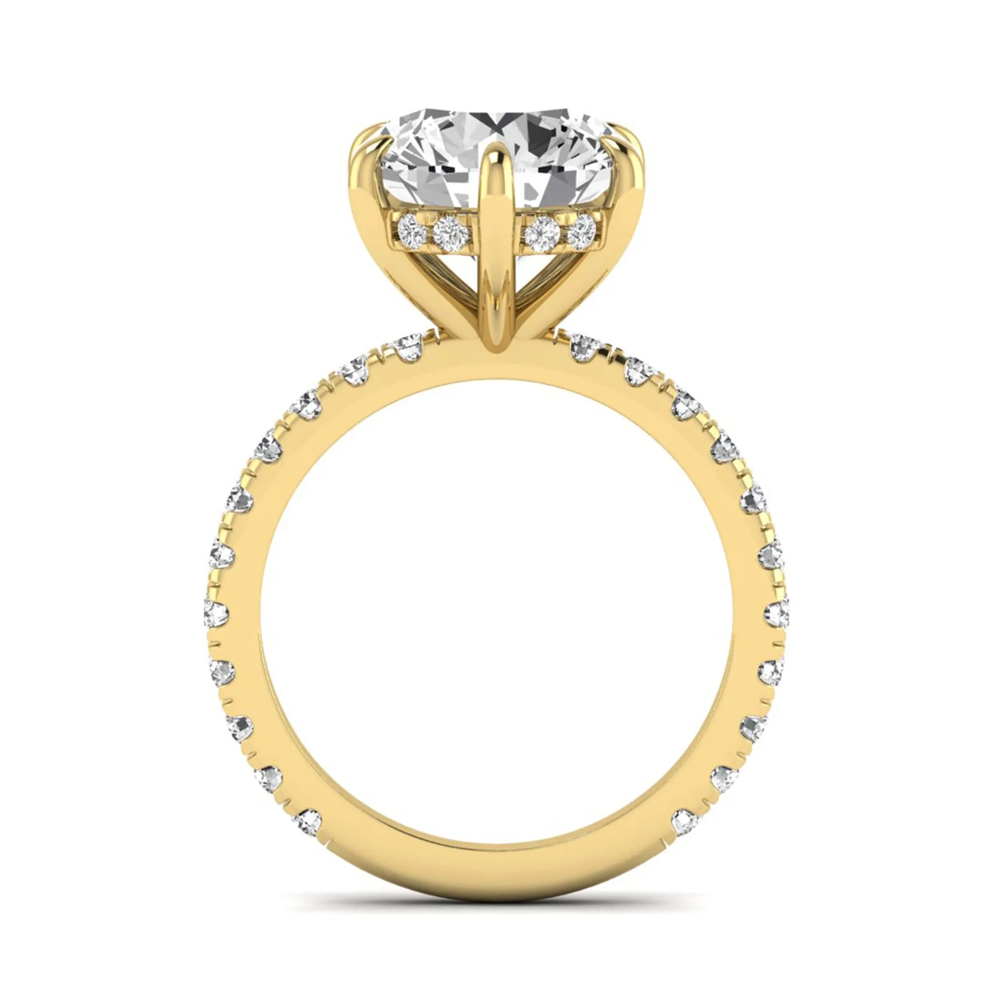 Round cut six prong solitaire lab grown diamond engagement ring with pavé band in yellow gold design