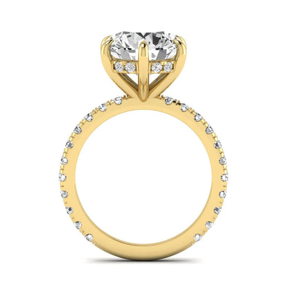 Round cut six prong solitaire lab grown diamond engagement ring with pavé band in yellow gold design