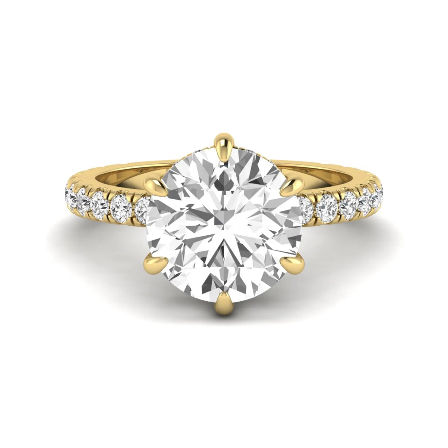 Round cut six prong solitaire lab grown diamond engagement ring with pavé band in yellow gold design