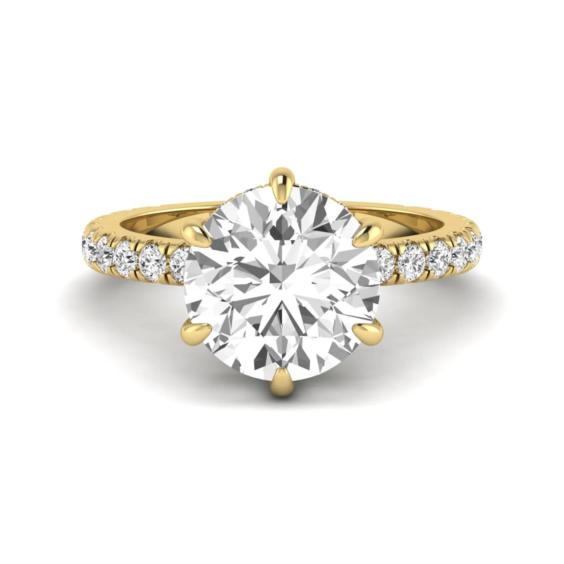 Round cut six prong solitaire lab grown diamond engagement ring with pavé band in yellow gold design