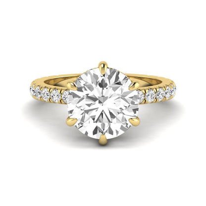 Round cut six prong solitaire lab grown diamond engagement ring with pavé band in yellow gold design