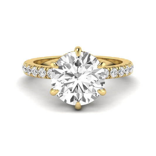 Round cut six prong solitaire lab grown diamond engagement ring with pavé band in yellow gold design