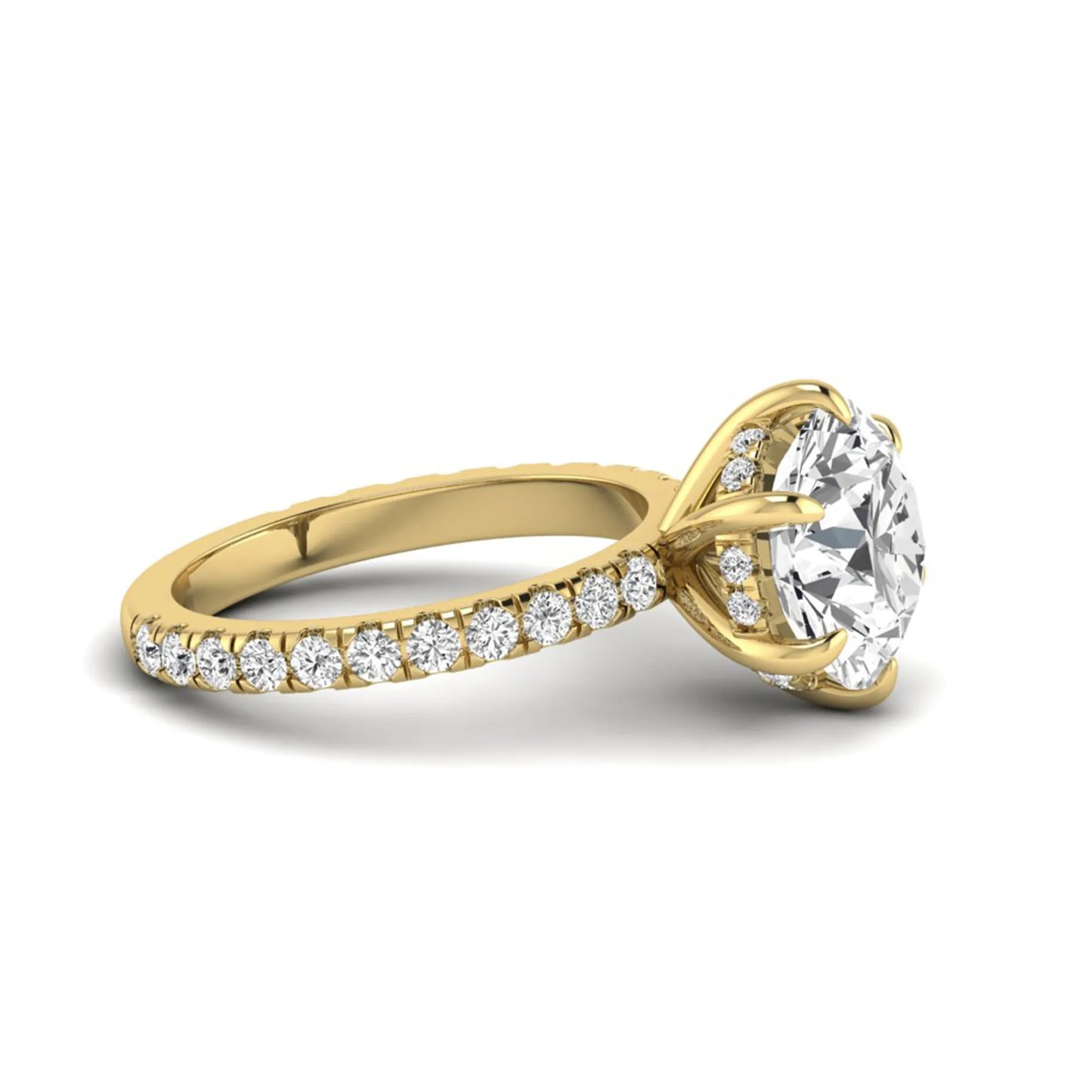 Round cut six prong solitaire lab grown diamond engagement ring with pavé band in yellow gold design