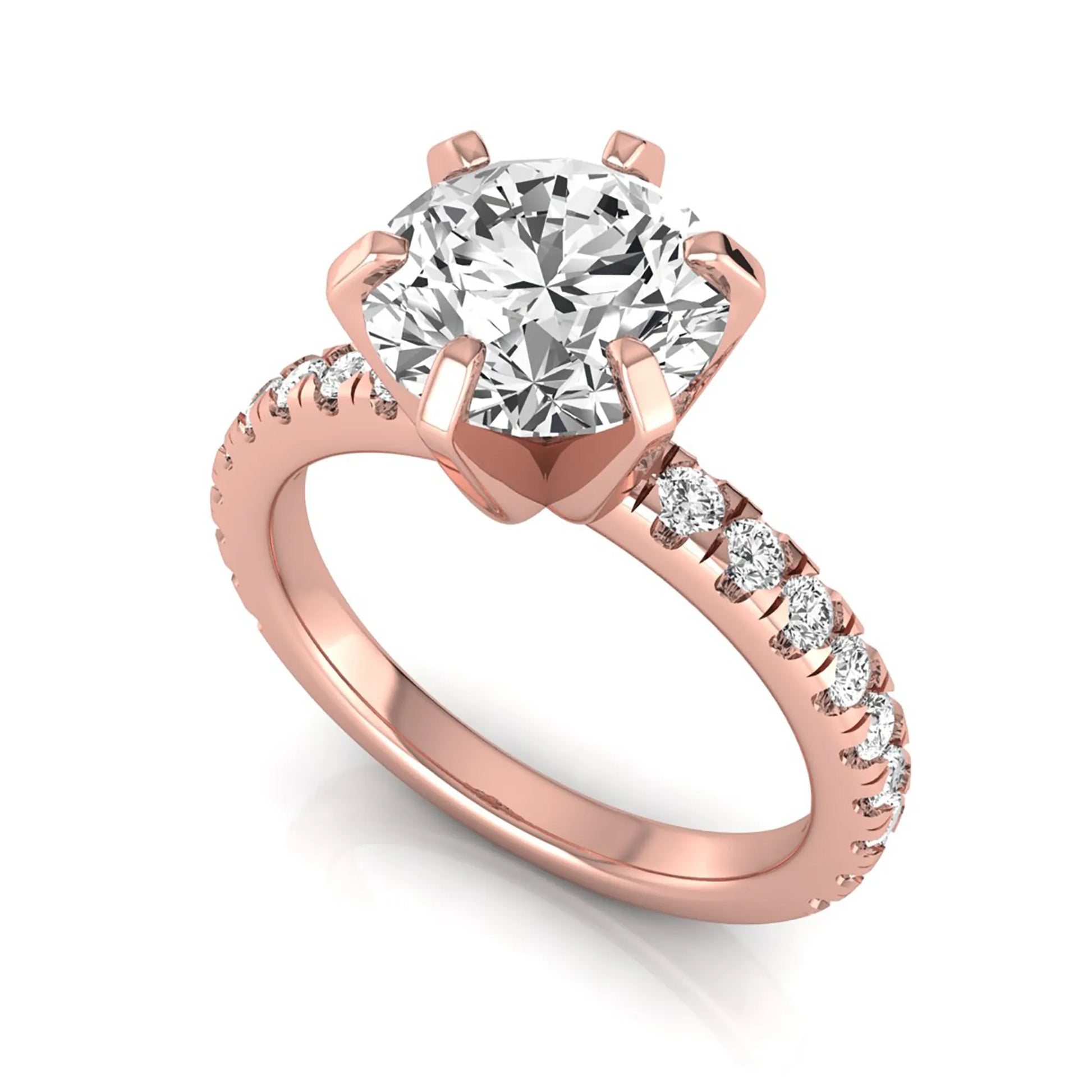 Round cut lab grown diamond engagement ring featuring a six-prong solitaire setting with a pavé accent band and polished rose gold tone finish.