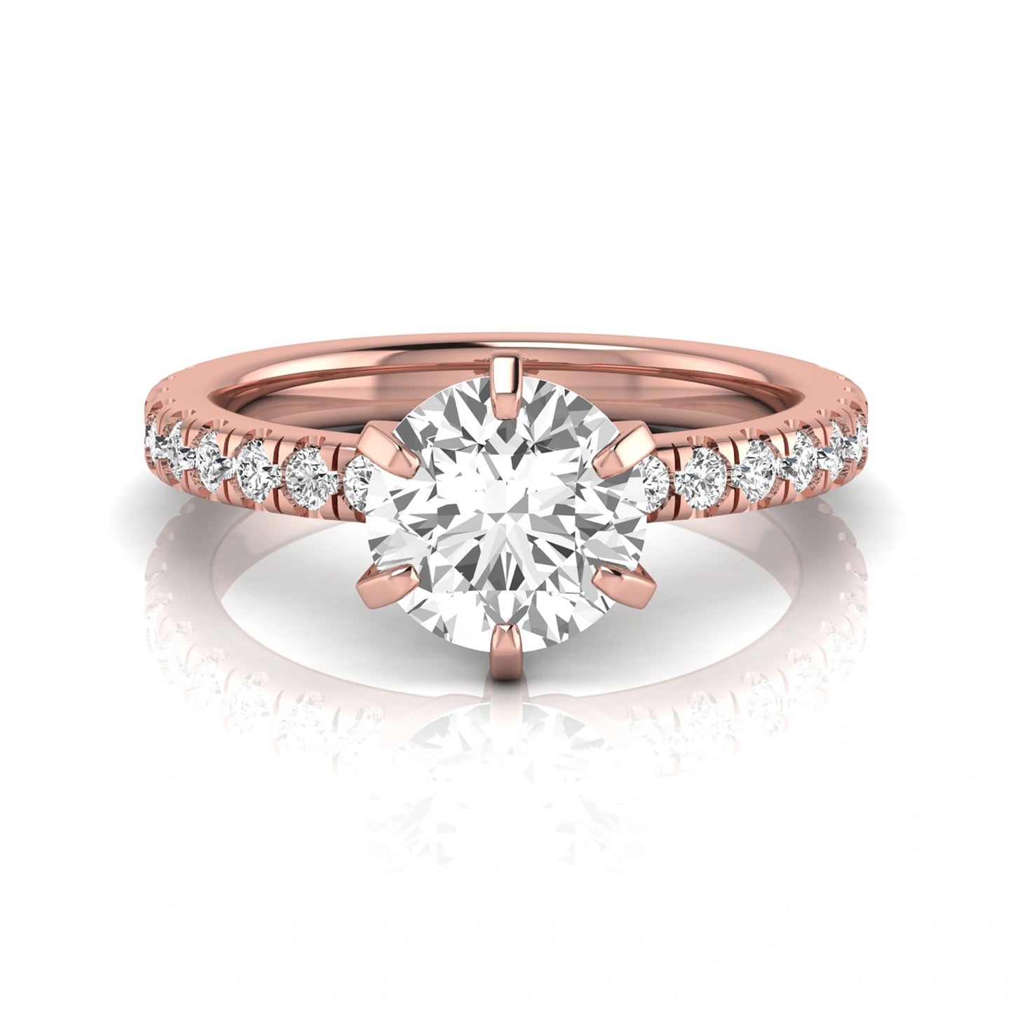Round cut lab grown diamond engagement ring featuring a six-prong solitaire setting with a pavé accent band and polished rose gold tone finish.
