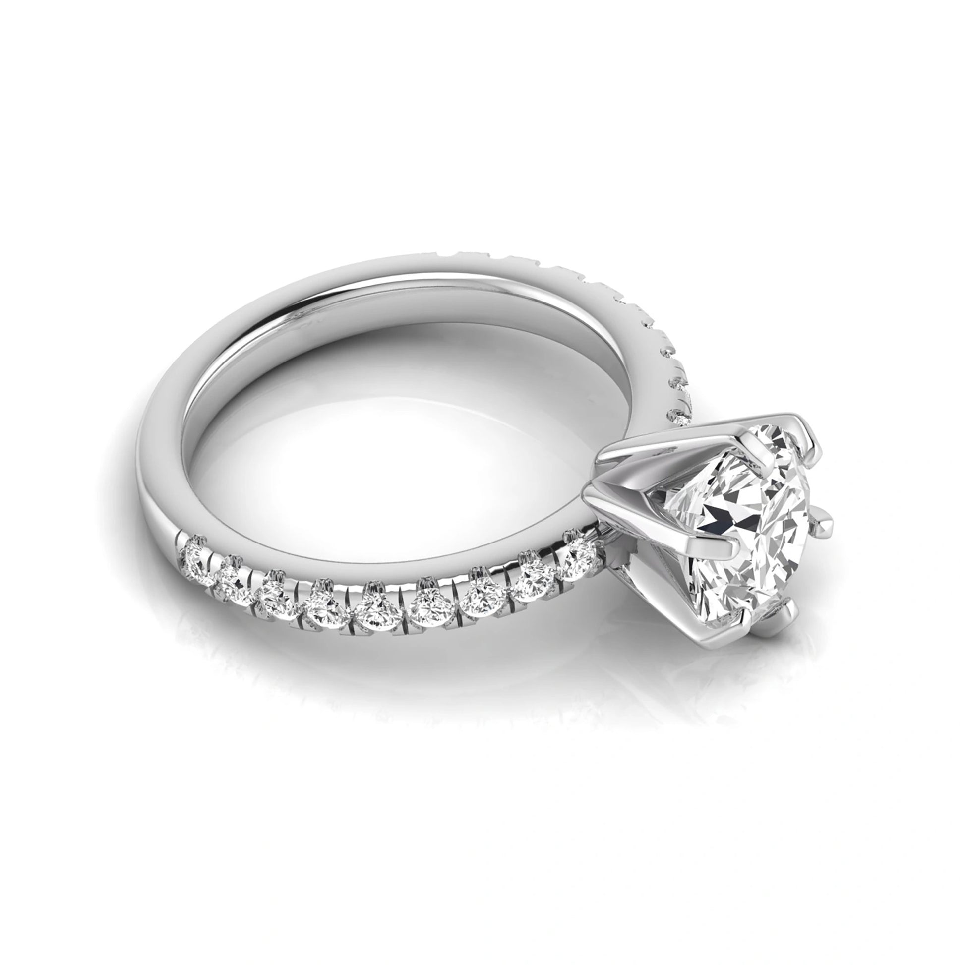 Round cut lab grown diamond engagement ring featuring a six-prong solitaire setting with a pavé accent band and polished white gold tone finish.