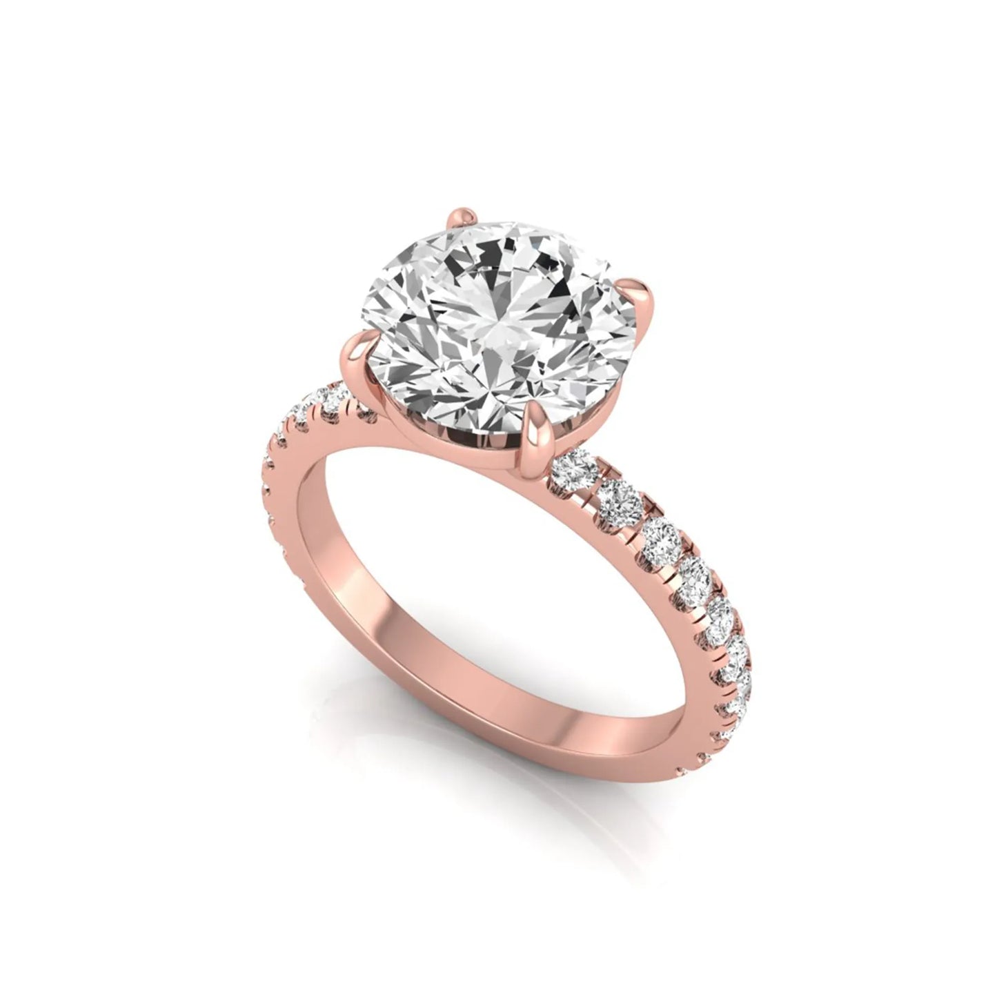 Round cut lab grown diamond engagement ring featuring a 3.87 carat IGI certified center diamond in a four-prong setting with round accent diamonds on a rose gold band.