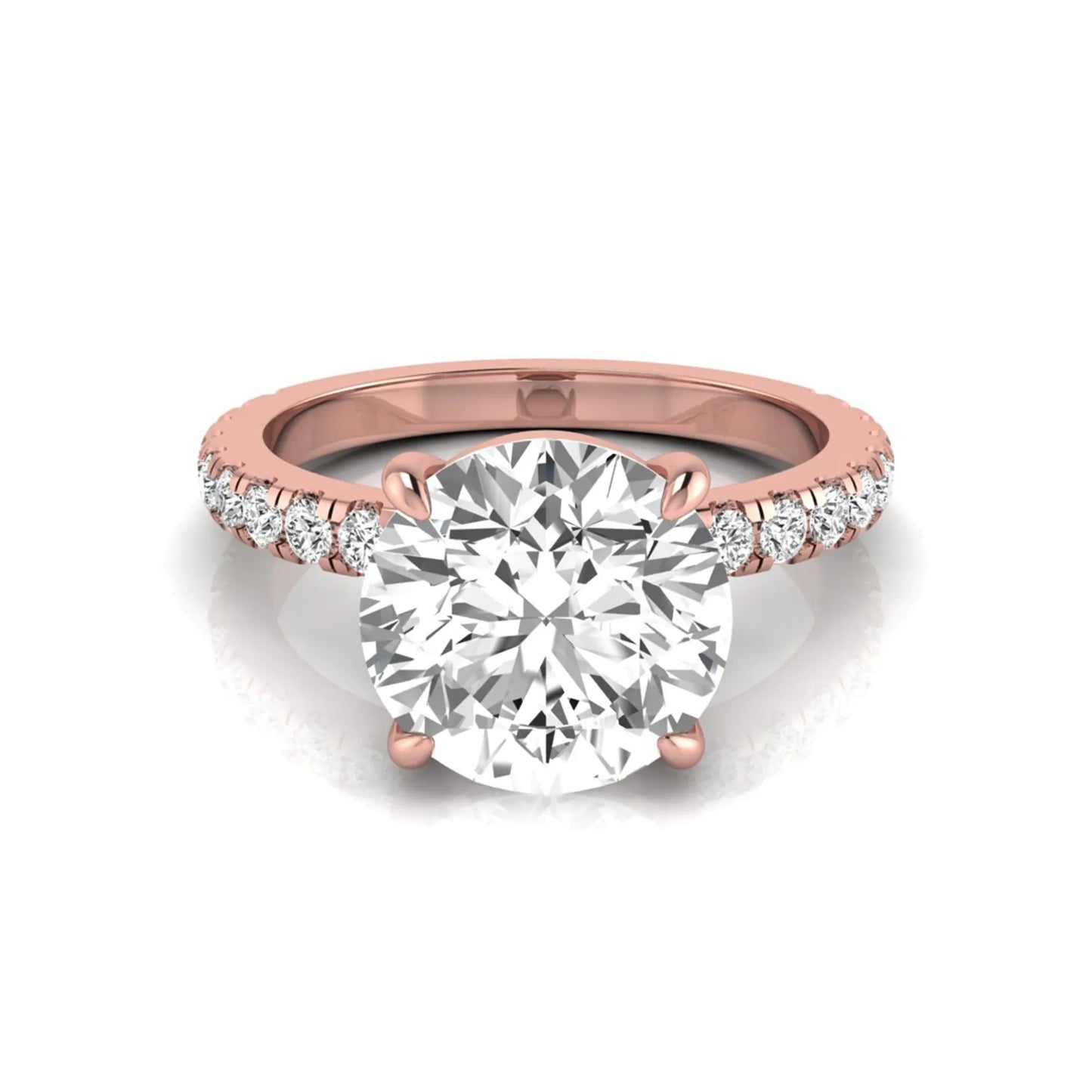 Round cut lab grown diamond engagement ring featuring a 3.87 carat IGI certified center diamond in a four-prong setting with round accent diamonds on a rose gold band.