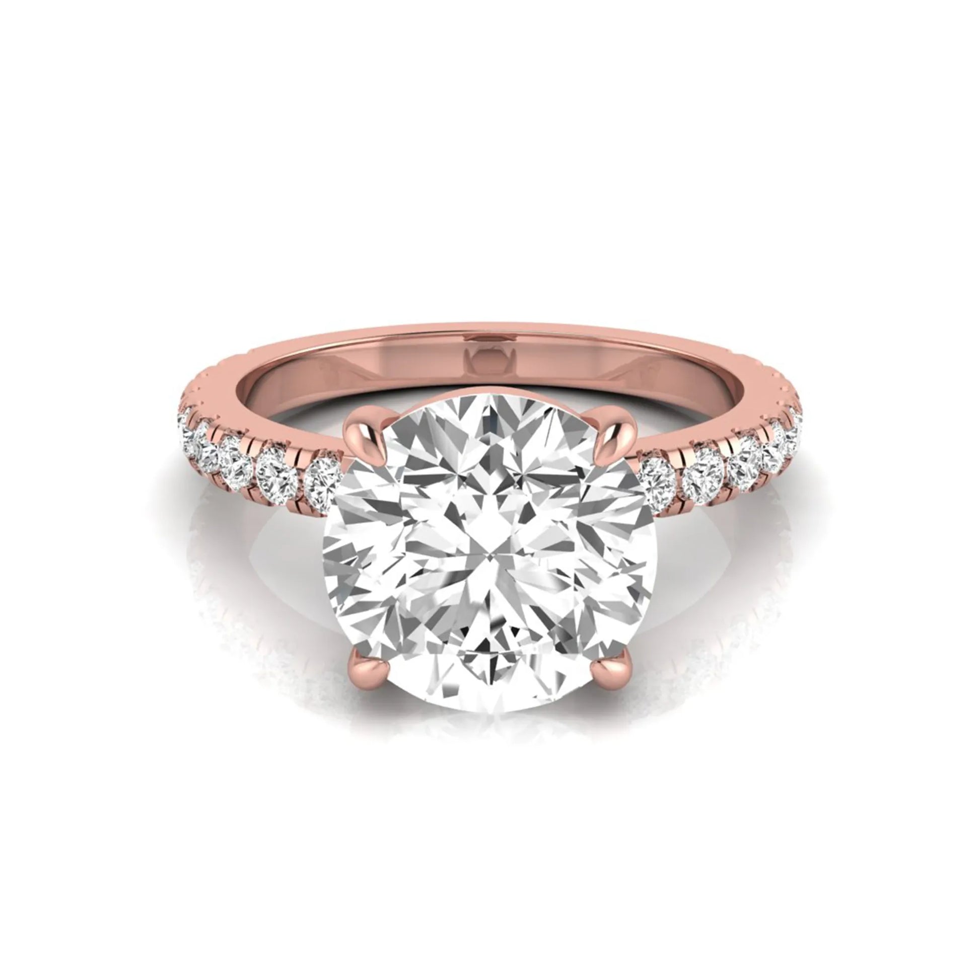 Round cut lab grown diamond engagement ring featuring a 3.87 carat IGI certified center diamond in a four-prong setting with round accent diamonds on a rose gold band.