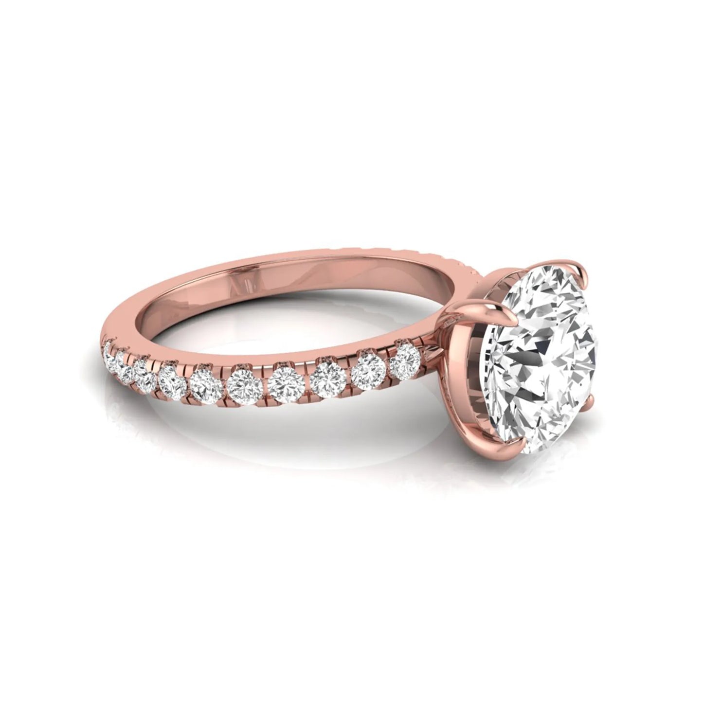 Round cut lab grown diamond engagement ring featuring a 3.87 carat IGI certified center diamond in a four-prong setting with round accent diamonds on a rose gold band.
