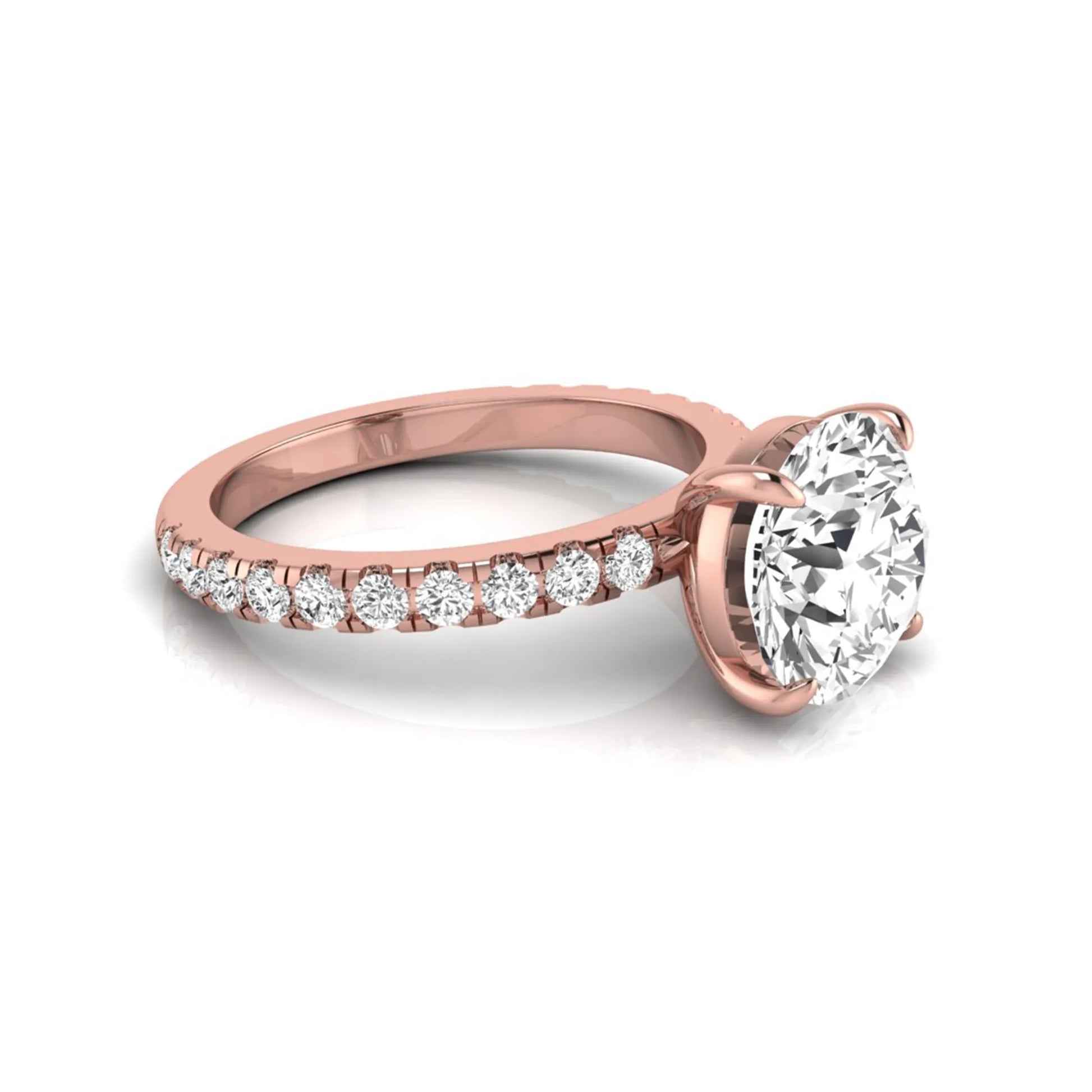 Round cut lab grown diamond engagement ring featuring a 3.87 carat IGI certified center diamond in a four-prong setting with round accent diamonds on a rose gold band.