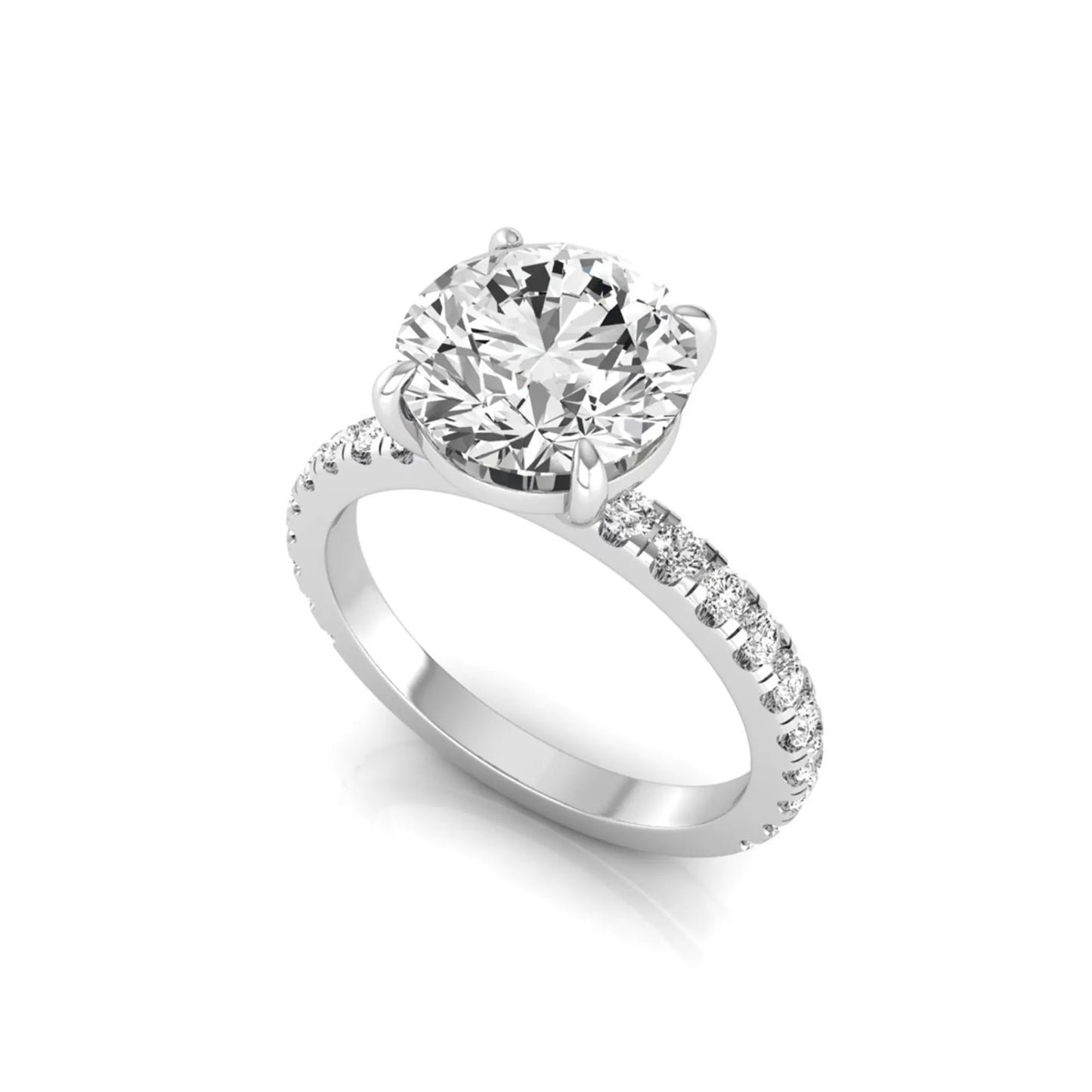 Round cut lab grown diamond engagement ring featuring a 3.87 carat IGI certified center diamond in a four-prong setting with round accent diamonds on a white gold band.