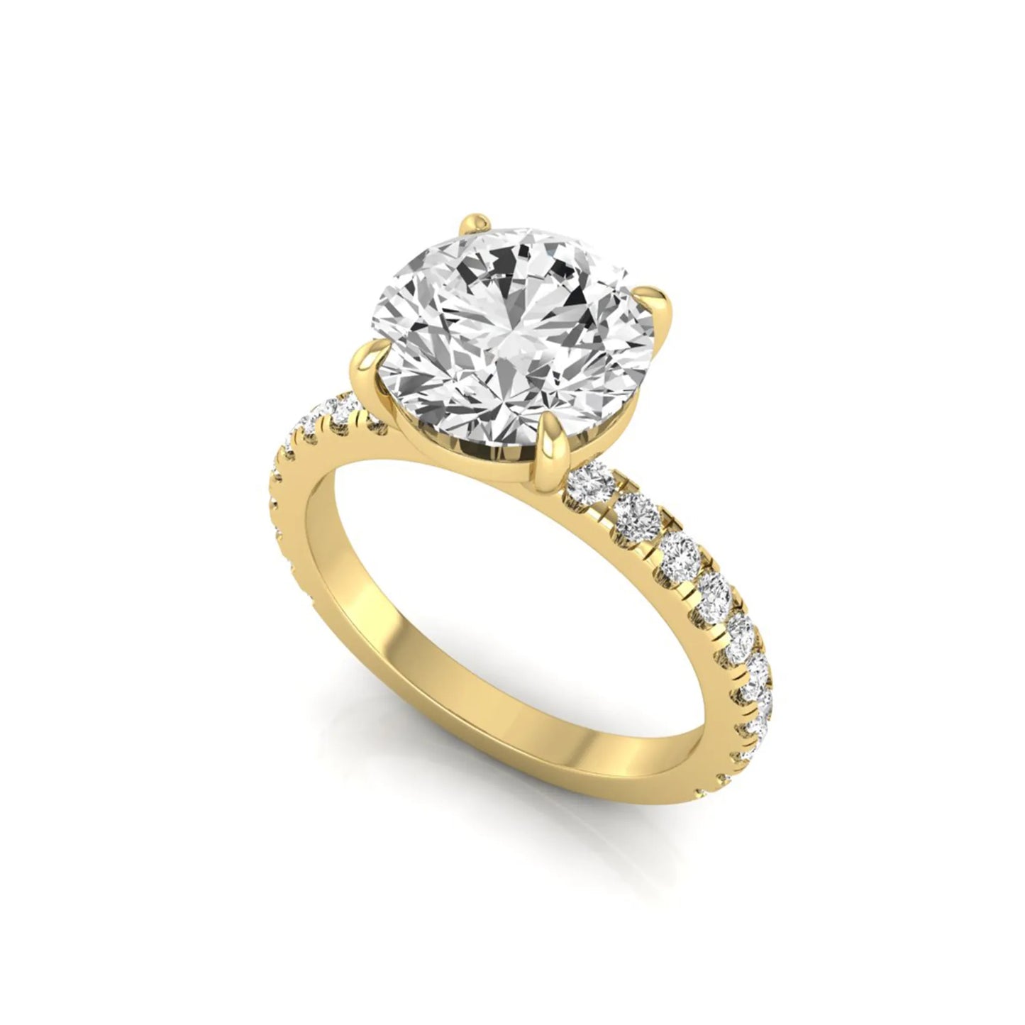 Round cut lab grown diamond engagement ring featuring a 3.87 carat IGI certified center diamond in a four-prong setting with round accent diamonds on a yellow gold band.