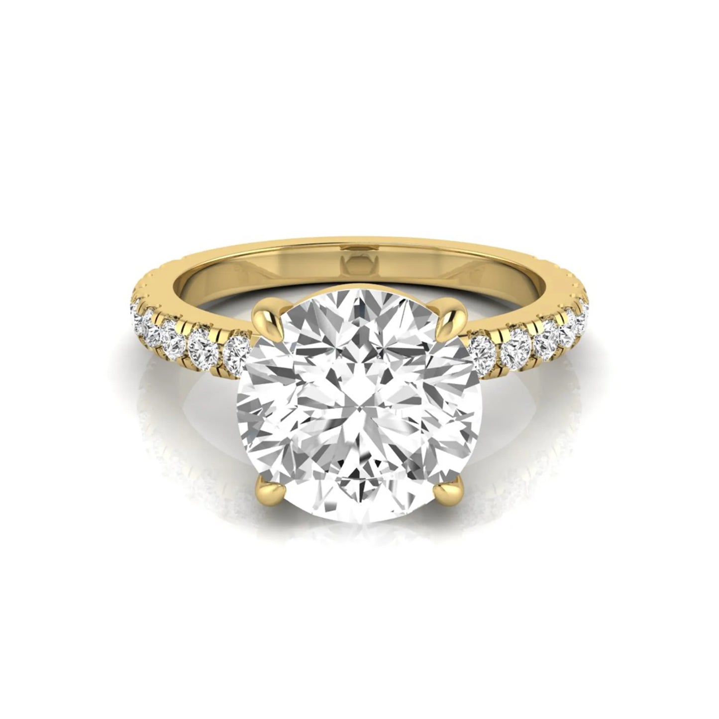 Round cut lab grown diamond engagement ring featuring a 3.87 carat IGI certified center diamond in a four-prong setting with round accent diamonds on a yellow gold band.