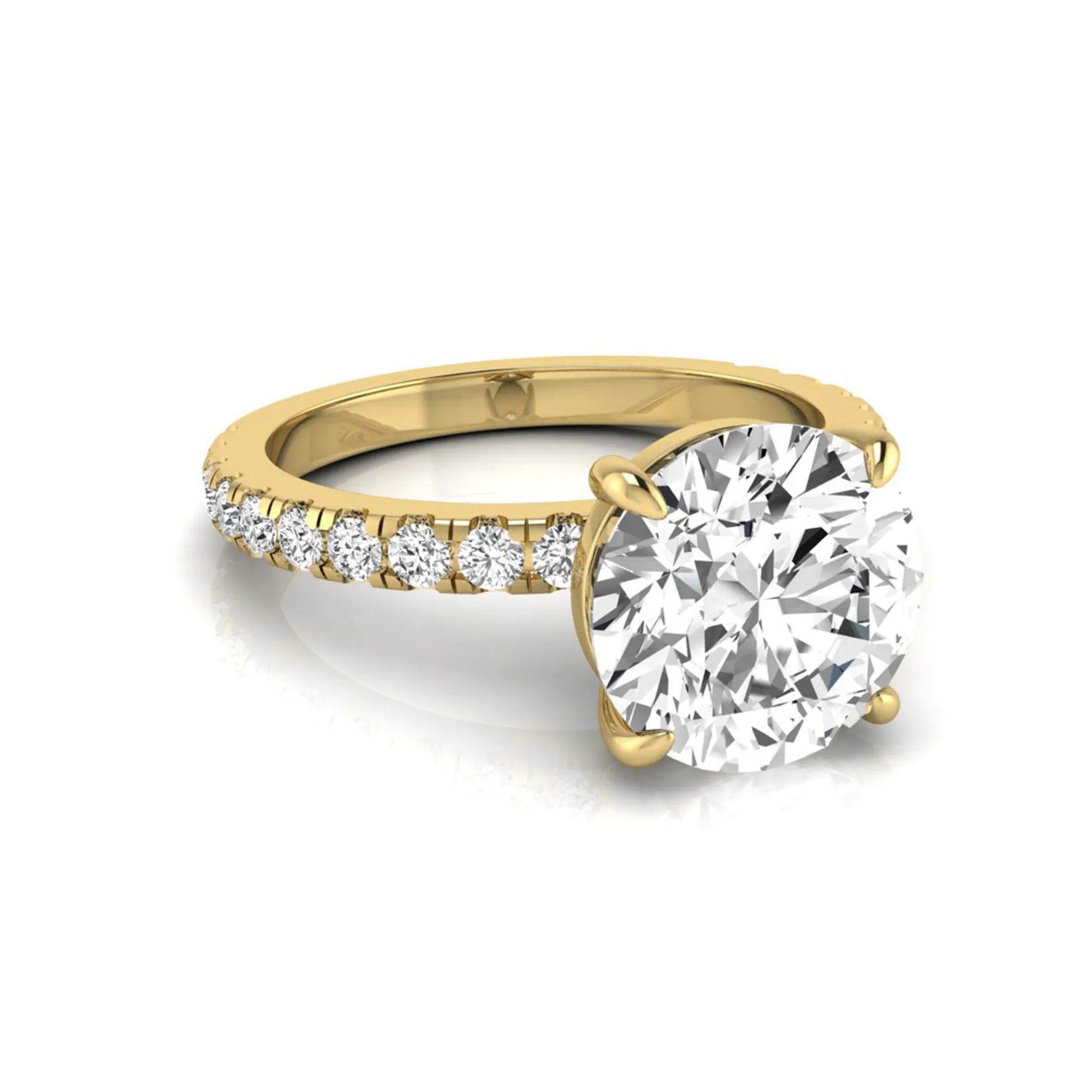 Round cut lab grown diamond engagement ring featuring a 3.87 carat IGI certified center diamond in a four-prong setting with round accent diamonds on a yellow gold band.