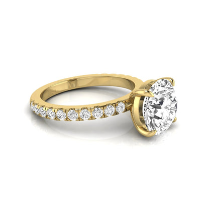Round cut lab grown diamond engagement ring featuring a 3.87 carat IGI certified center diamond in a four-prong setting with round accent diamonds on a yellow gold band.