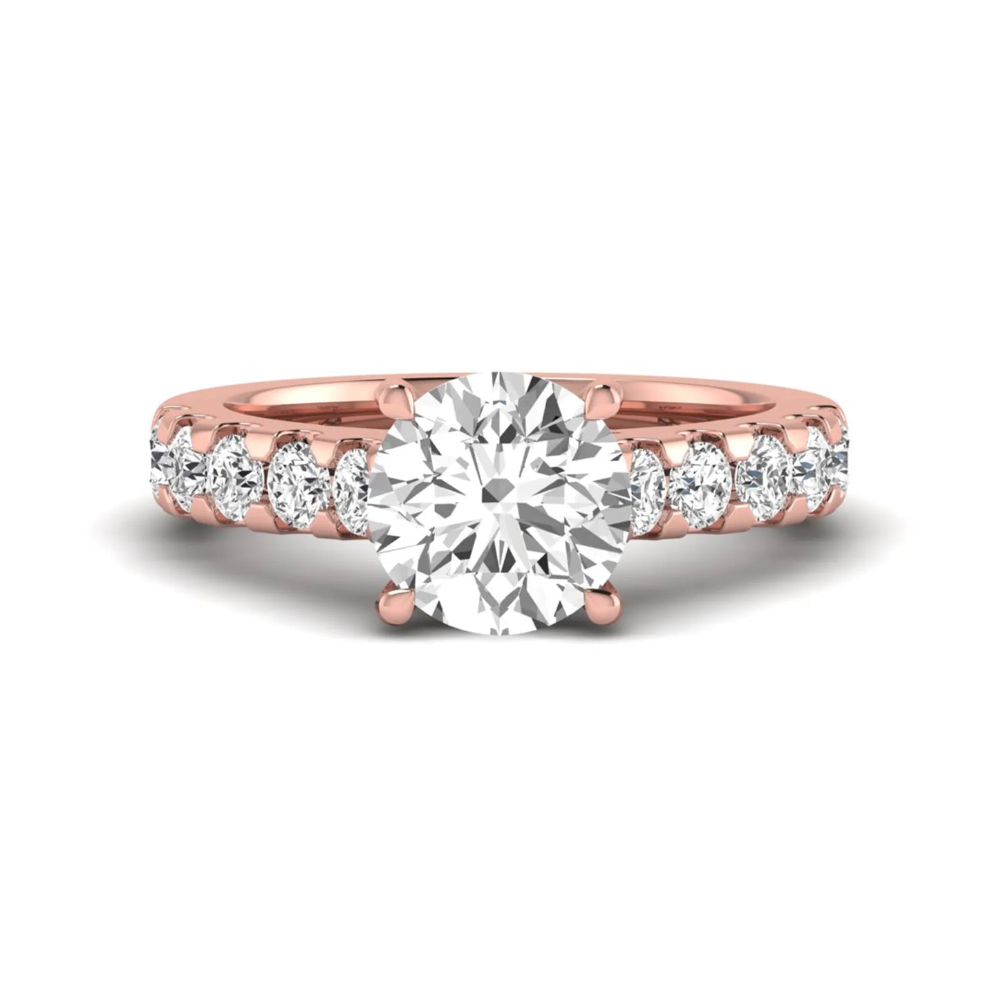 Round solitaire accent lab grown diamond engagement ring featuring a 2.50 carat round brilliant IGI certified center diamond with round accent diamonds on a rose gold band.