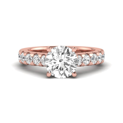 Round solitaire accent lab grown diamond engagement ring featuring a 2.50 carat round brilliant IGI certified center diamond with round accent diamonds on a rose gold band.
