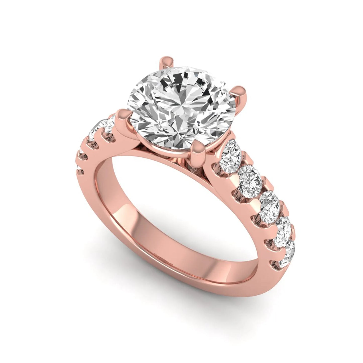 Round solitaire accent lab grown diamond engagement ring featuring a 2.50 carat round brilliant IGI certified center diamond with round accent diamonds on a rose gold band.