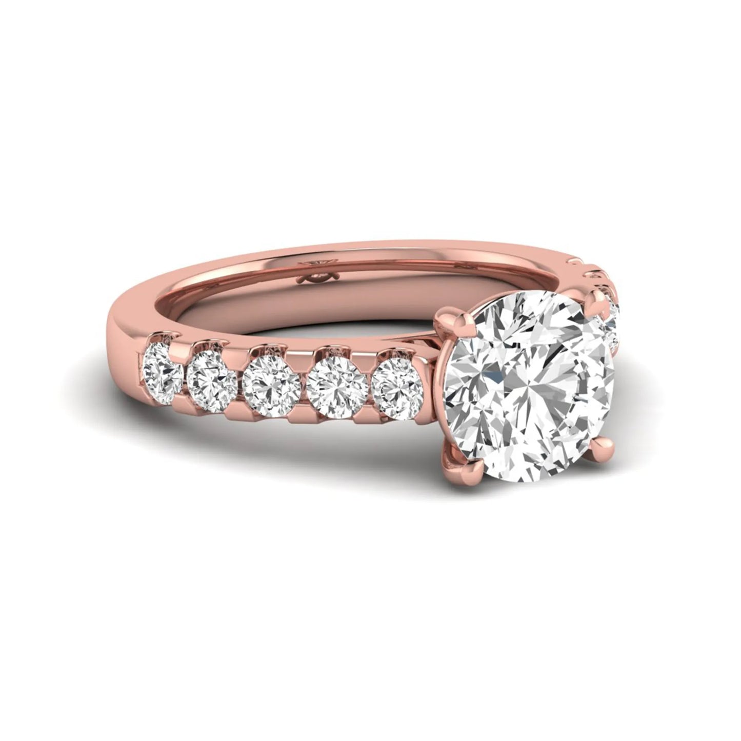 Round solitaire accent lab grown diamond engagement ring featuring a 2.50 carat round brilliant IGI certified center diamond with round accent diamonds on a rose gold band.