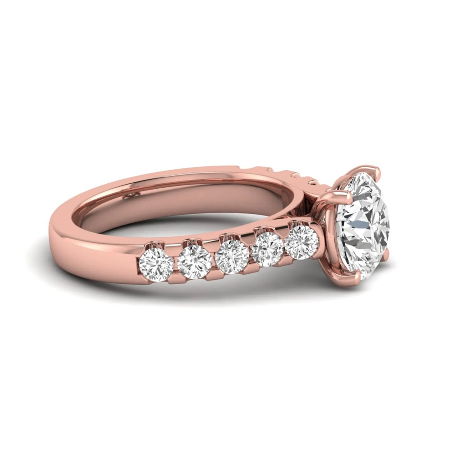 Round solitaire accent lab grown diamond engagement ring featuring a 2.50 carat round brilliant IGI certified center diamond with round accent diamonds on a rose gold band.