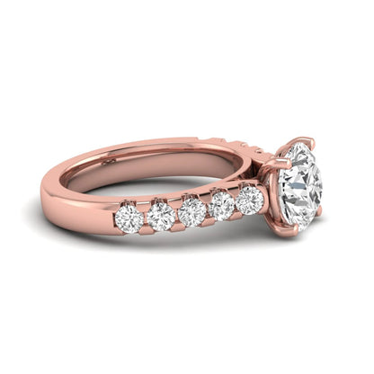 Round solitaire accent lab grown diamond engagement ring featuring a 2.50 carat round brilliant IGI certified center diamond with round accent diamonds on a rose gold band.