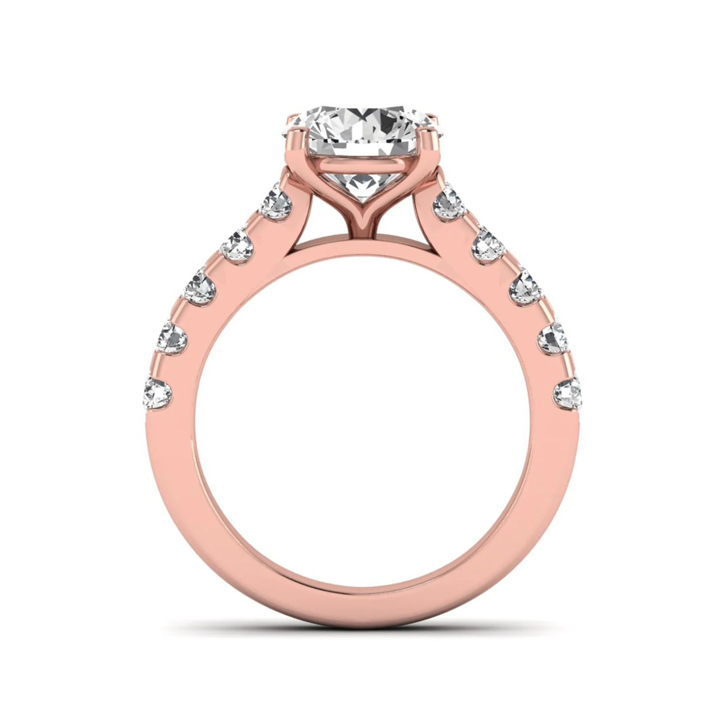 Round solitaire accent lab grown diamond engagement ring featuring a 2.50 carat round brilliant IGI certified center diamond with round accent diamonds on a rose gold band.