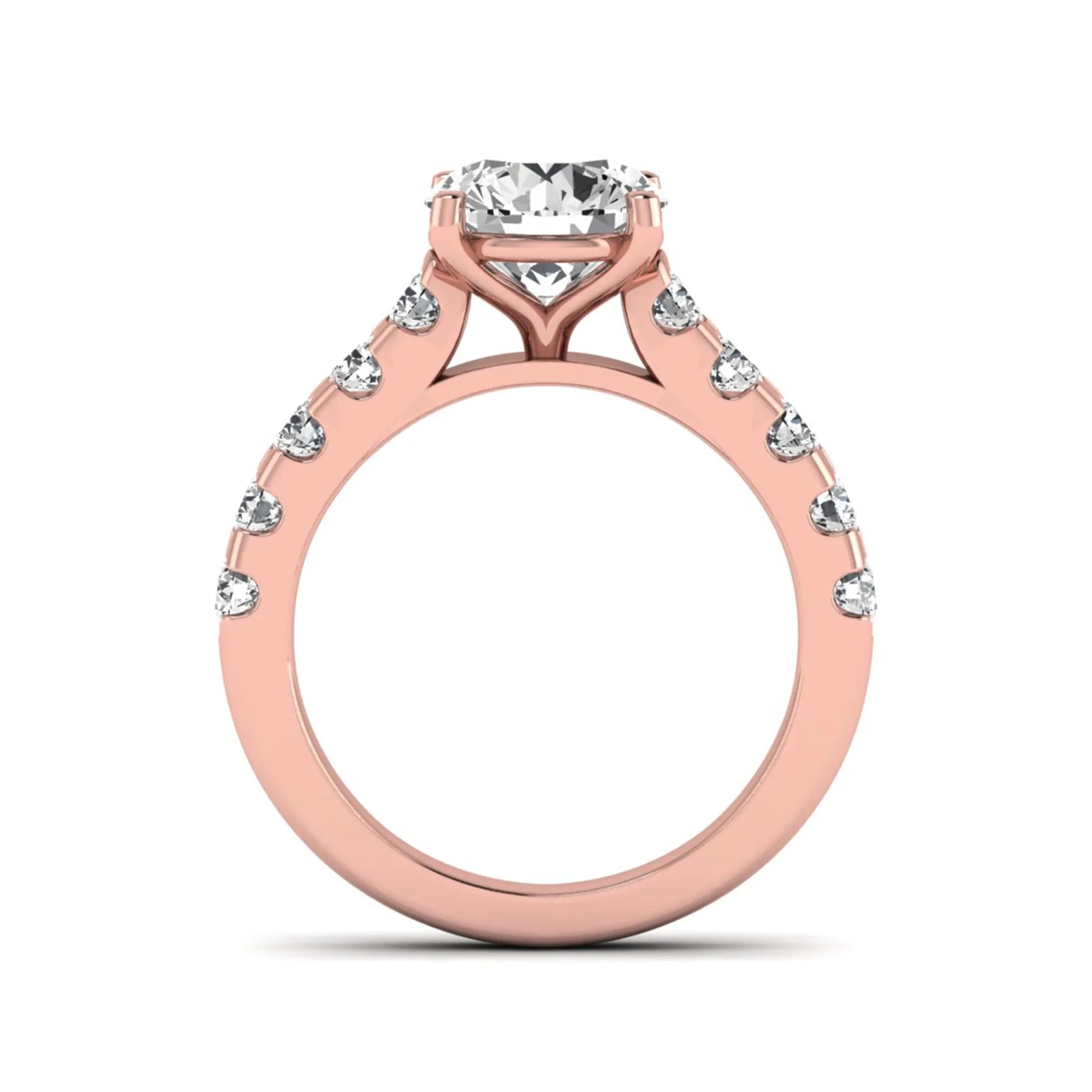 Round solitaire accent lab grown diamond engagement ring featuring a 2.50 carat round brilliant IGI certified center diamond with round accent diamonds on a rose gold band.