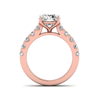 Round solitaire accent lab grown diamond engagement ring featuring a 2.50 carat round brilliant IGI certified center diamond with round accent diamonds on a rose gold band.