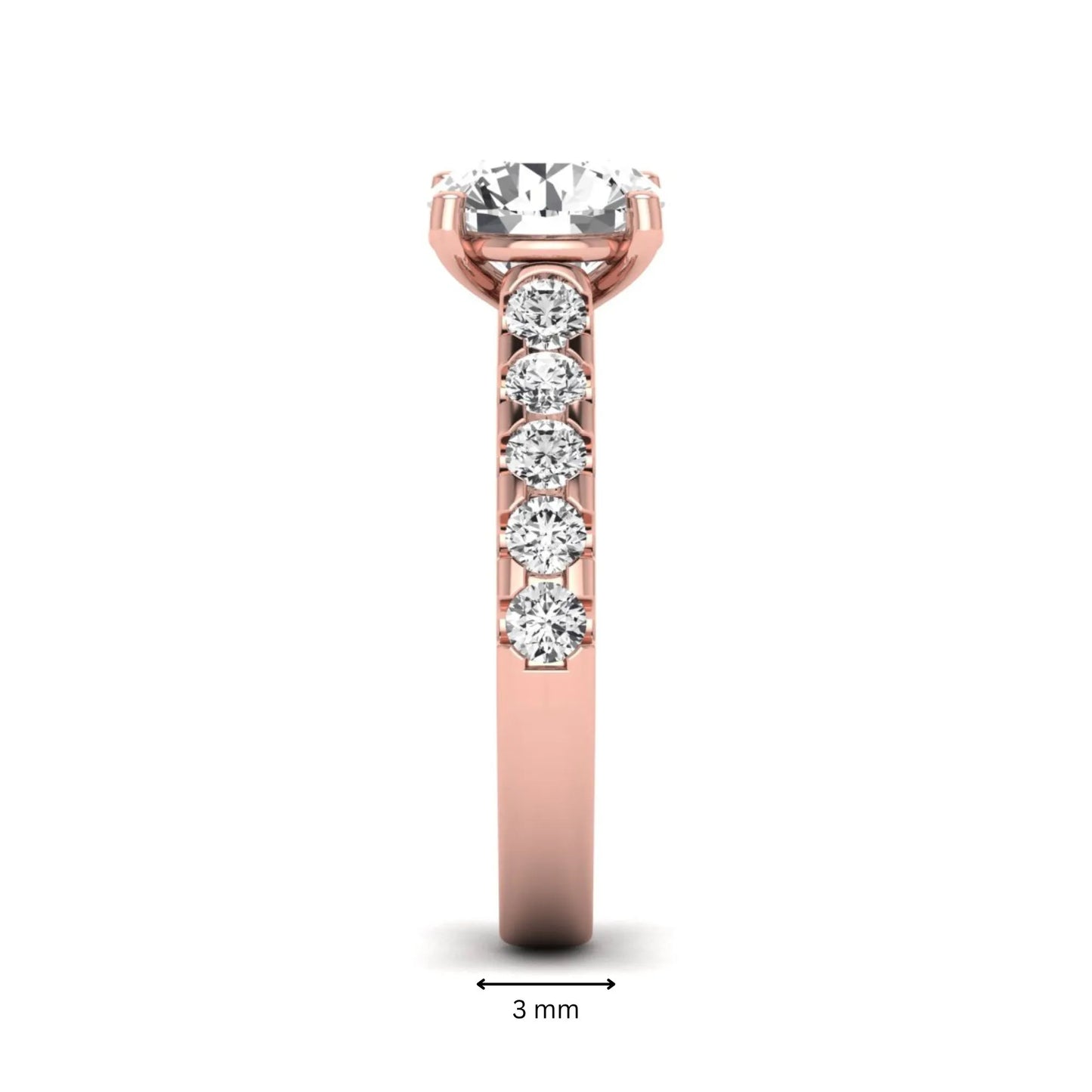 Round solitaire accent lab grown diamond engagement ring featuring a 2.50 carat round brilliant IGI certified center diamond with round accent diamonds on a rose gold band.