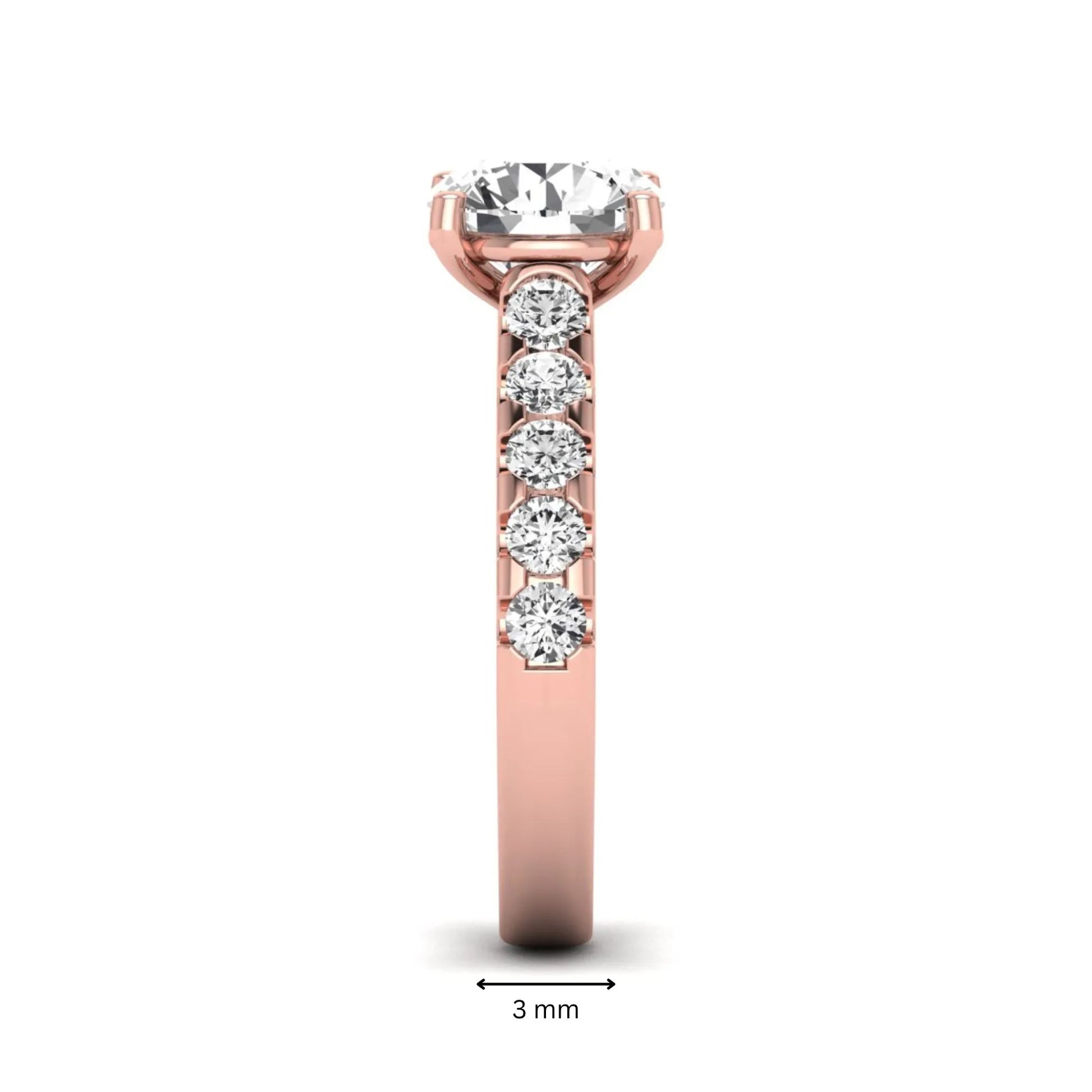 Round solitaire accent lab grown diamond engagement ring featuring a 2.50 carat round brilliant IGI certified center diamond with round accent diamonds on a rose gold band.