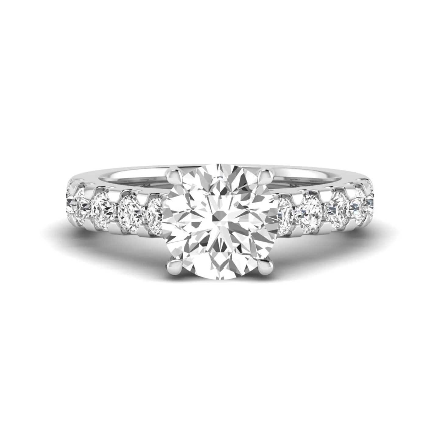 Round solitaire accent lab grown diamond engagement ring featuring a 2.50 carat round brilliant IGI certified center diamond with round accent diamonds on a white gold band.